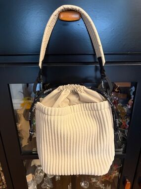 Cream Ribbed Drawstring Shoulder Bag with Padded Handle